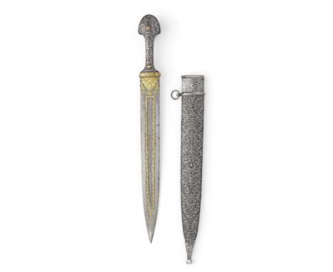 A rare Ottoman gold-damascened steel dagger (kindjal) with silver wire inlaid wood and niello silver mounts Caucasus, 19th Ce