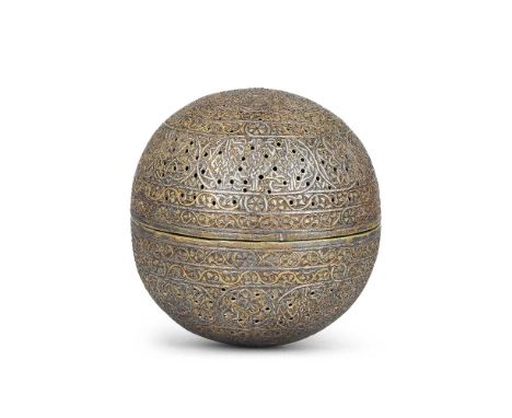 A 'Veneto-Saracenic' silver-inlaid pierced brass incense burner  Syria, 14th/ 15th Centuryof spherical form in two parts, eng