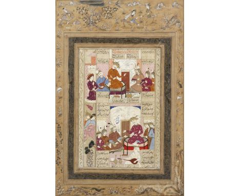 A large composite album page with two sections from illustrated leaves from a manuscript of Firdausi's Shahnama, with illustr