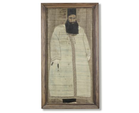 A Qajar silk and metal thread brocade panel with painted details, depicting a Qajar official dressed partly in religious robe