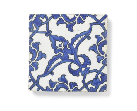 A 'Dome of the Rock' pottery tile Jerusalem, circa 1550decorated underglaze in cobalt-blue and black outline on a white groun