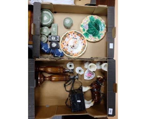 A mixed collection of items to include Wedgwood sage green jasperware items, Majolica style plate, Spode items, candlesticks 