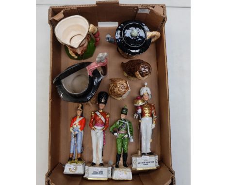 A good collection of pottery items to include Royal Doulton owls, Beswick and unmarked character jugs and 4 continental figur