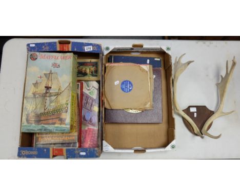 A mixed collection of items to include Antler vintage games, Airfix kits and small collection of 78 records (3 trays)