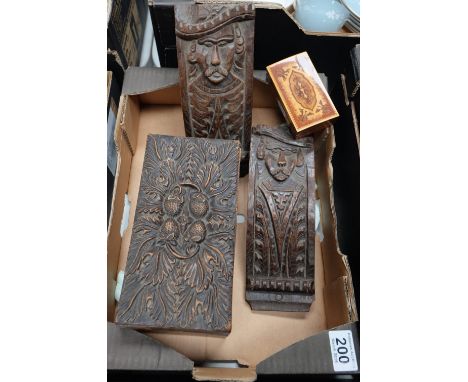 A good collection of carved wooden items to include letter box and early wooden shelf support plus two later boxes (4)