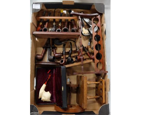 A good collection of smoking pipes, stands, cases etc including boxed levent meerschaum pipe etc