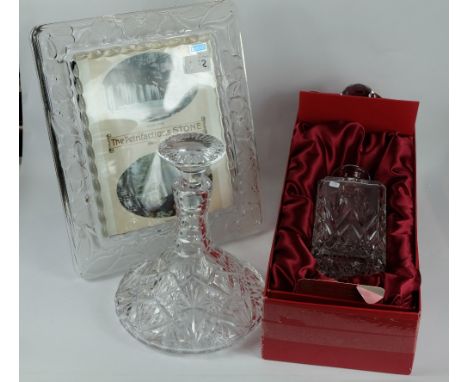 Turner squire boxed whiskey decanter, cut glass brandy decanter and Marquis frosted glass picture frame (3)