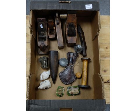 An interesting collection of vintage wooden plains, Indonesian knife, metalware items and resin figures 