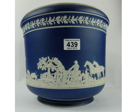 Large Early Wedgwood dark blue jasperware planter decorated with various hunting scenes (hairline cracks) height 26cm diamete