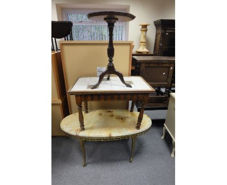 Brass and Onyx coffee table, tile top table and small occasional table (3) 