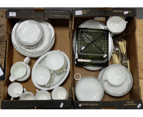 A collection of Royal Doulton York dinner and teaware to include plate, soup bowls, cups, saucers (seconds) and Sylvac cheese