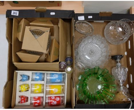 A mixed collection of glassware items to include cut glass table lamp and shade, vases, bowls etc (2 trays)