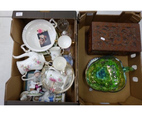 A mixed collection of items to include Oriental carved box, Royal Albert moss rose teapot, glassware, various cups, saucers e