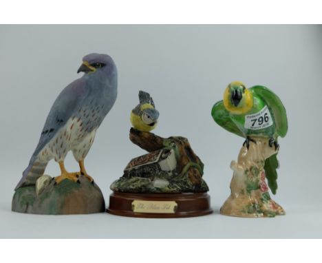 A collection of birds to include Beswick Parakeet 930, Spode Montagu's Harrier and resin figure of a blue tit (3)