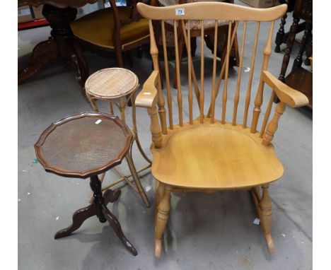 Pine rocking chair, small oak occasional tripod table and Wicker table (3) 