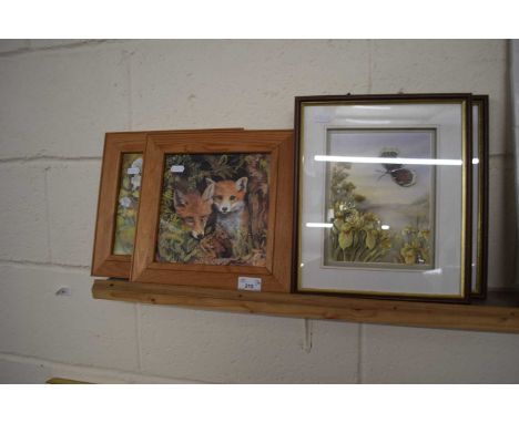 Pair of three dimensional coloured prints butterflies amongst flowers together with coloured print foxes and rabbits (4)