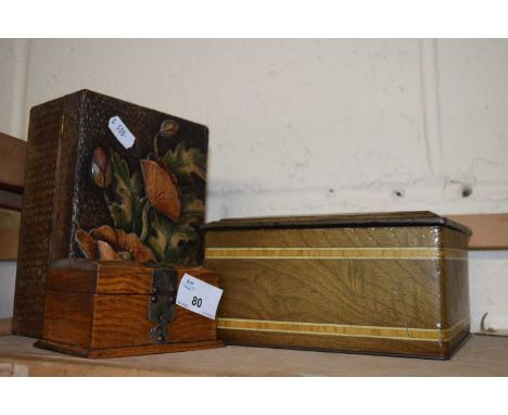 Poppy decorated wooden jewellery box together with a further small oak jewellery box and a vintage tin (3)