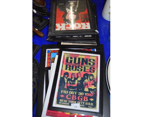 Selection of reproduction music advertising posters to include Bob Dylan, Queen, Guns n Roses and others