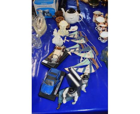 Mixed Lot: Laurel &amp; Hardy book ends, model cars, wall plaque decorated with boats, assorted tea wares and other ceramics