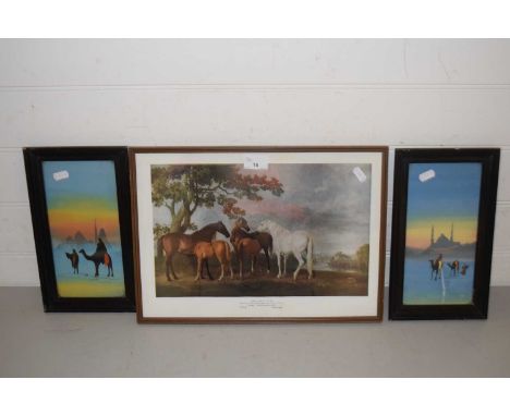 Pair of 20th Century studies desert scenes with camels together with a coloured print after George Stubbs