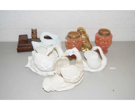 Mixed Lot: Porcelain model swans, small milk glass swan shaped container, pair of mottled glass vases, a brass owl and a wood