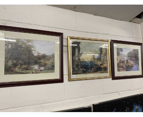 Coloured print Roman port scene, signed in pencil together with two further coloured prints (3)