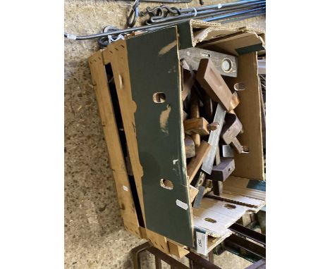 Box of vintage wood working planes, marking gauges, set squares etc