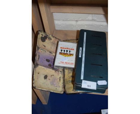 Vintage thrift box together with a case of artists watercolour paints and a vintage Beatles Help cassette
