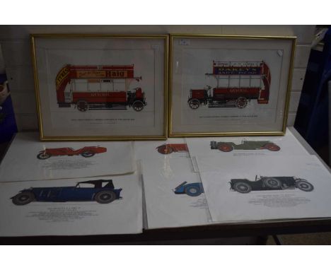 Two framed prints of vintage buses together with a range of unframed prints of classic cars