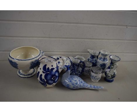 Mixed Lot: Various blue and white ceramics to include vases, jug, jardiniere, model pheasant etc