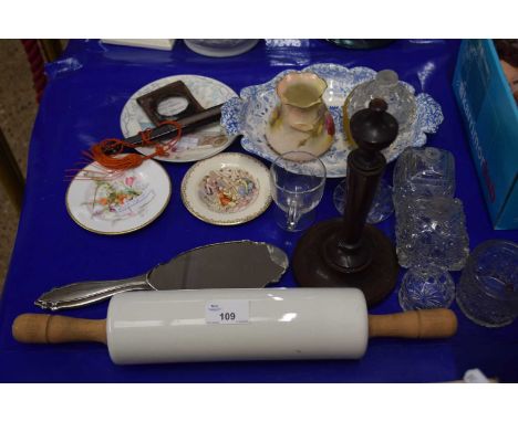 Mixed Lot: A silver backed dressing table mirror, various dressing table jars, assorted ceramics, candlestick and a vintage r