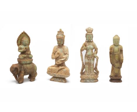 FOUR ORIENTAL CARVED HARDSTONE/JADE FIGURES
Og Buddhist forms, one seated on a lotus plinth, another seated on an elephant, a