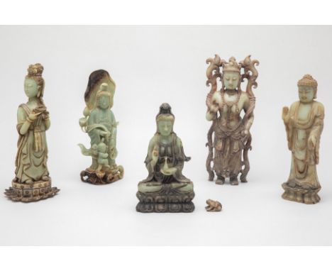 A GROUP OF FIVE ORIENTAL HARDSTONE/JADE FIGURES
Of the Buddha, other deities and a frog
Tallest item measures 34cm
Condition: