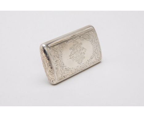 AN ANTIQUE VICTORIAN SILVER SNUFF BOX
By Deakin &amp; Nephew, Birmingham 1879
Rectangular, with engine turned, floral and fol