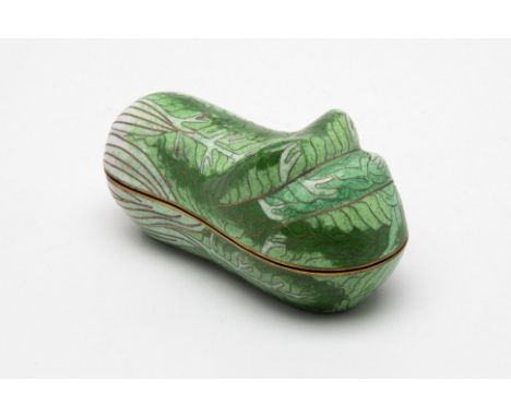 A SMALL CLOISONNE ENAMEL CABBAGE FORM BOX AND COVER
With blue enamel interior
11.5cm wide
Condition: Minor signs of wear comm