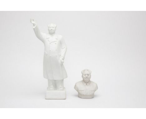 TWO PORCELAIN CHAIRMAN MAO FIGURES
One modelled standing with one arm raised, the other a portrait bust
32cm high
Condition: 