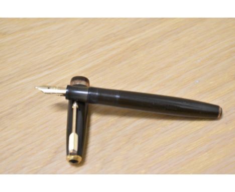 A Parker Duofold button fill fountain pen in chocolate brown with decorative band to the cap having Parker 14k England R nib
