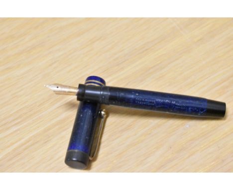 A Parker Duofold Junior button fill fountain pen in lapis blue with white fleck  with two narrow bands to the cap having Park