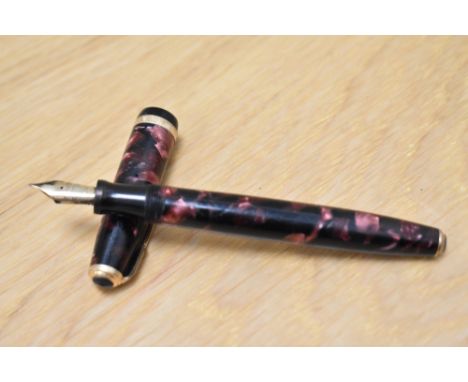 A Parker Duofold Standard button fill fountain pen in burgundy/black marble with decorative band to the cap having a Parker D