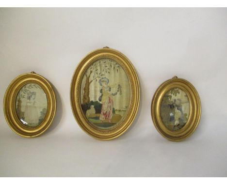 Three early 19th century embroidered panels, the larger of a woman looking at a lamb, 9" x 6 3/4", and the others of a boy wi