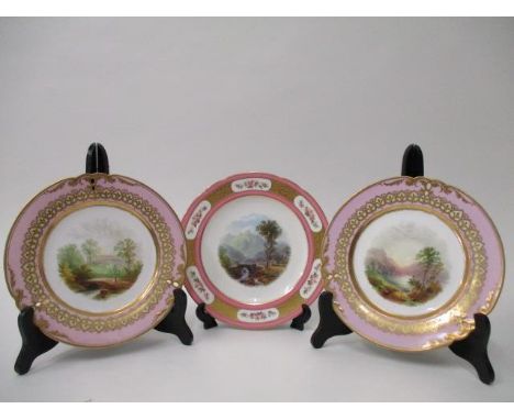 19th century English tableware, each decorated with a landscape comprising a pair of plates, a pair of saucers, a cup and sau