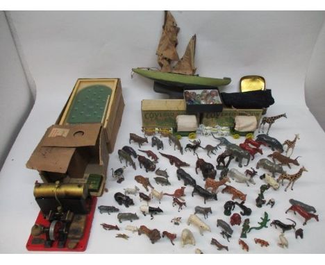 A Major 1550 twin cylinder steam engine with box, two covered Modern Product wagons, a model Yaught Toy Brigatelle and miscel