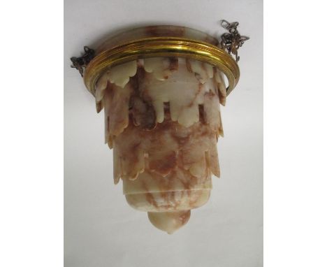 An early 20th century gilt brass and brown mottled alabaster light with three concentric castellated tiers 13 1/4"dia. 