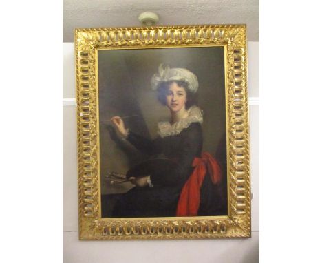 After Louise Elizabeth Vigee Le Brun - 'Self Portrait' sitting in front of a canvas holding brushes and a wooden palette, oil