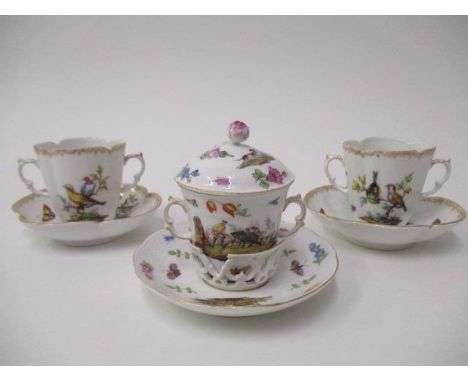 Early 20th century German porcelain to include a pair of cups and saucers, decorated with birds and insects, with a blue Augu