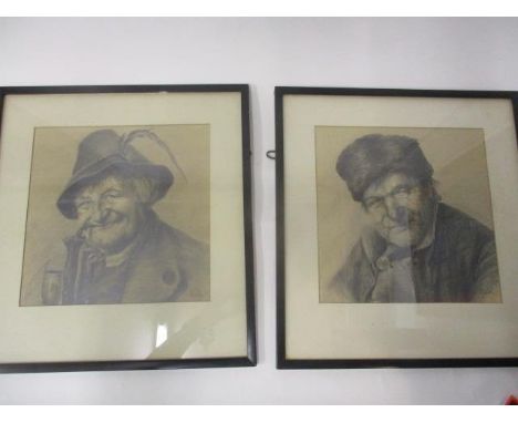 Ehrke - a pair of head and shoulder portraits each of a man, one smoking a pipe, the other wearing a fur hat,  signed in penc