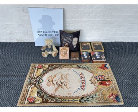 The Winston Churchill bear by Robin Rive with a Churchill themed cushion, ‘Victory’ rug, Sir Winston Churchill themed print a