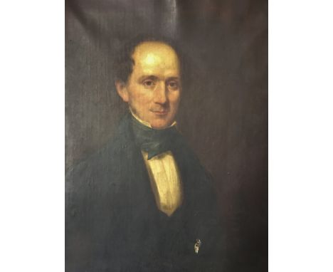 Oil on canvas portrait of a man in fine dress, unsigned. Small tear to central canvas and wear to canvas around edge, which h