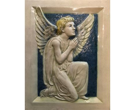 A Della Robbia ceramic plaque of a praying angel. Ship stamped to back with letters DR.