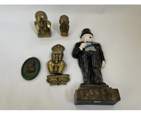 A brass Sir Winston Churchill door knocker, together with a Sir Winston Churchill door stop, two brass Sir Winston Churchill 